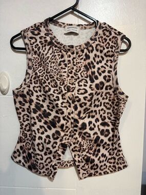 Peppermayo Leopard-Print Ribbed Button Tank - Brown/Beige